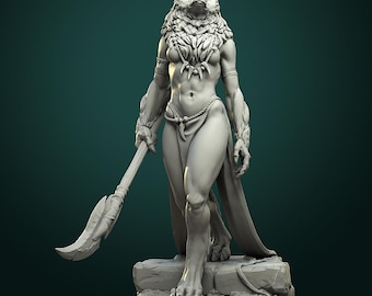 May include: A detailed, gray-toned sculpture of a humanoid wolf warrior. The figure is muscular, with a wolf's head and fur around the neck and arms. She holds a spear and wears a loincloth and armbands. The sculpture stands on a rocky base.