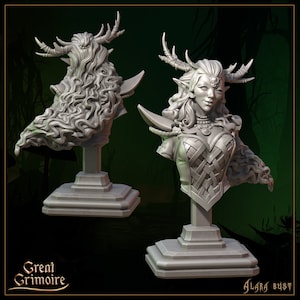 May include: A gray sculpted bust of a female elf with antlers, wearing a detailed, woven bodice and a flowing cape. The bust is on a square base with a raised platform.