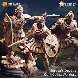 Può includere: Tre figurine dettagliate di guerrieri in armature ornate, con spade, scudi e lance. Le figure sono poste su un terreno roccioso, con il testo "Seroca's Devout Dark Cultist Warriors" in basso. Le figure sono di colore marrone chiaro.