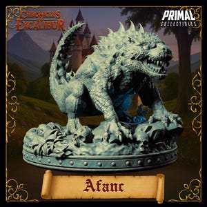 May include: A detailed, light blue Afanc statue from the Chronicles of Excalibur collection. The mythical creature is depicted with sharp teeth, claws, and a spiky back, resting on a base with skulls. The Primal Collectibles logo is visible.