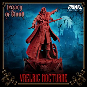 May include: A red figurine of Vaelric Nocturne from the Legacy of Blood collection. The figure is holding a sword and wearing a long coat. The background features a castle, bats, and the Primal Collectibles logo.