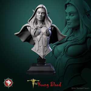 Puede incluir: Un busto de una elfa femenina en 3D impreso en gris, con una capa con capucha y armadura. El busto está sobre una base negra con una plataforma cuadrada. El texto "The Young Blood" es visible debajo del busto.