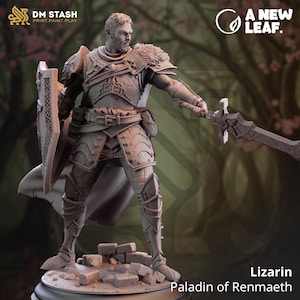 May include: A 3D printed miniature of a paladin, a warrior with a sword and shield, standing on a rocky base. The miniature is painted in a light gray color and has a detailed design. The paladin is wearing armor and a cloak. The text "Lizarin Paladin of Renmaeath" is printed below the miniature.