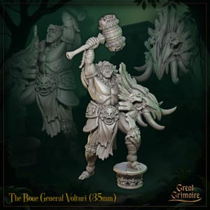 May include: A detailed, gray-toned miniature figure of "The Bone General Volturi (35mm)" holding a large hammer and shield. The figure stands on a decorative base. The image includes a logo for "Great Grimoire".