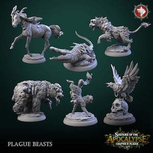 May include: A collection of six grey miniature figures titled Plague Beasts, including a skeletal horse, a crocodile, a multi-eyed beast, a bear with growths, a humanoid creature, and a bird perched on a skull, with the text Sisters of the Apocalypse.