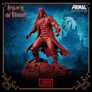 May include: A red-toned collectible figure of Eiran from the "Legacy of Blood" series. The figure is a muscular male character with long hair, wearing tattered clothing. The background features a castle, bats, and the "Primal Collectibles" logo.