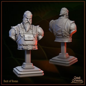 May include: A gray bust of a bearded man with an intense expression, wearing a headband and a detailed vest with straps and a pouch. The bust is mounted on a pedestal, with the text "Bust of Roran" at the bottom.