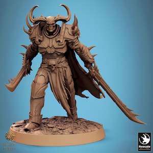 May include: A detailed brown figurine of a skeletal warrior in ornate armor, holding two large swords. The figure has large horns and a skull-shaped face, with a skull on the belt. The base has the text "Bastion Purity" and a logo.