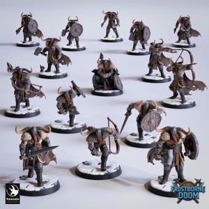 May include: A collection of miniature Viking warrior figurines, each with horned helmets, shields, and weapons. The figures are in various poses, some with bows and arrows, others with swords and axes. The bases are painted to resemble snowy terrain. The logo "Frostborne Doom" is visible.