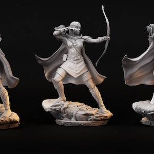 May include: A detailed, gray figurine of an archer in a dynamic pose, drawing back a bow. The archer wears armor, a cape, and a helmet. The figure stands on a rocky base, with intricate details visible throughout the design.