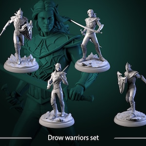 May include: A set of six gray plastic miniature figurines of drow warriors, each holding a sword and shield. The figures are posed in various fighting stances and are standing on circular bases. The text "Drow warriors set" is printed below the figures.