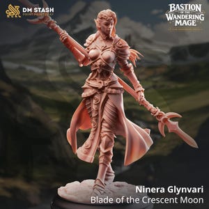 May include: A detailed, peach-colored figurine of Ninera Glynvari, Blade of the Crescent Moon, holding a spear. The figure is clad in ornate armor and a flowing cloak. The base has the DM STASH and Bastion of the Wandering Mage logos.