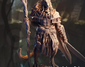 May include: A detailed figurine of Horzin Ashen-Palm, a Black Dragonkin Druid, holding a staff. The figure has a dragon-like head, armor, and a tail. The image includes the text "Clash of the Dragons" and "DM STASH PRINT.PAINT.PLAY."