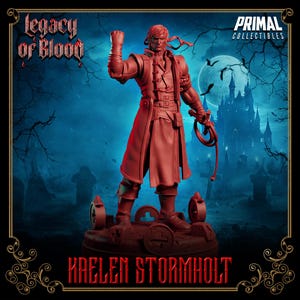以下が含まれることがあります： 「Legacy of Blood」コレクションのKaelen Stormholtの赤いフィギュア。フィギュアは拳を突き上げ、ムチを持っています。背景には城、コウモリ、そして「Primal Collectibles」のロゴがあります。