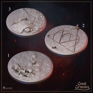 May include: Three circular bases for miniature figures, each with a different design. The first base features a skeletal figure, the second base has a circular design with a triangle in the center, and the third base has a rocky terrain design.