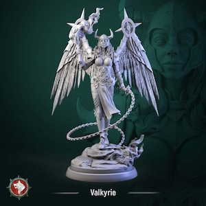 May include: A detailed, grey figurine of a Valkyrie, a female figure from Norse mythology. She is depicted with large feathered wings, a horned helmet, and a flowing gown. The figure holds a flaming torch and a chain. The base of the figurine is round, and the word "Valkyrie" is written on the base.