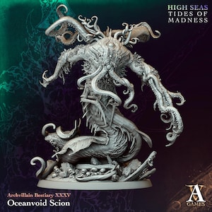 May include: A grey miniature figure titled Oceanvoid Scion from High Seas Tides of Madness. The creature features multiple tentacles, a central eye, and a serpentine body emerging from a base covered in skulls and debris, rendered in fine detail.