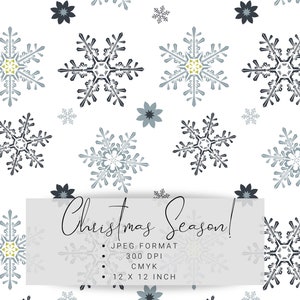 Carta digitale con fiocco di neve, sfondo natalizio blu e argento, ripetizione del modello senza cuciture, confezione natalizia, download istantaneo