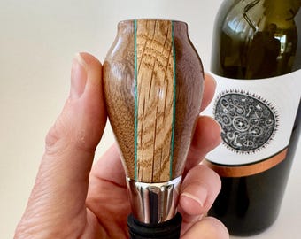 Solid Wood Tri-Colored Bottle Stopper Black Walnut White Oak Blue Stripes Hand-Turned, Wine Bottle Stopper Gift Idea Bar Accessory