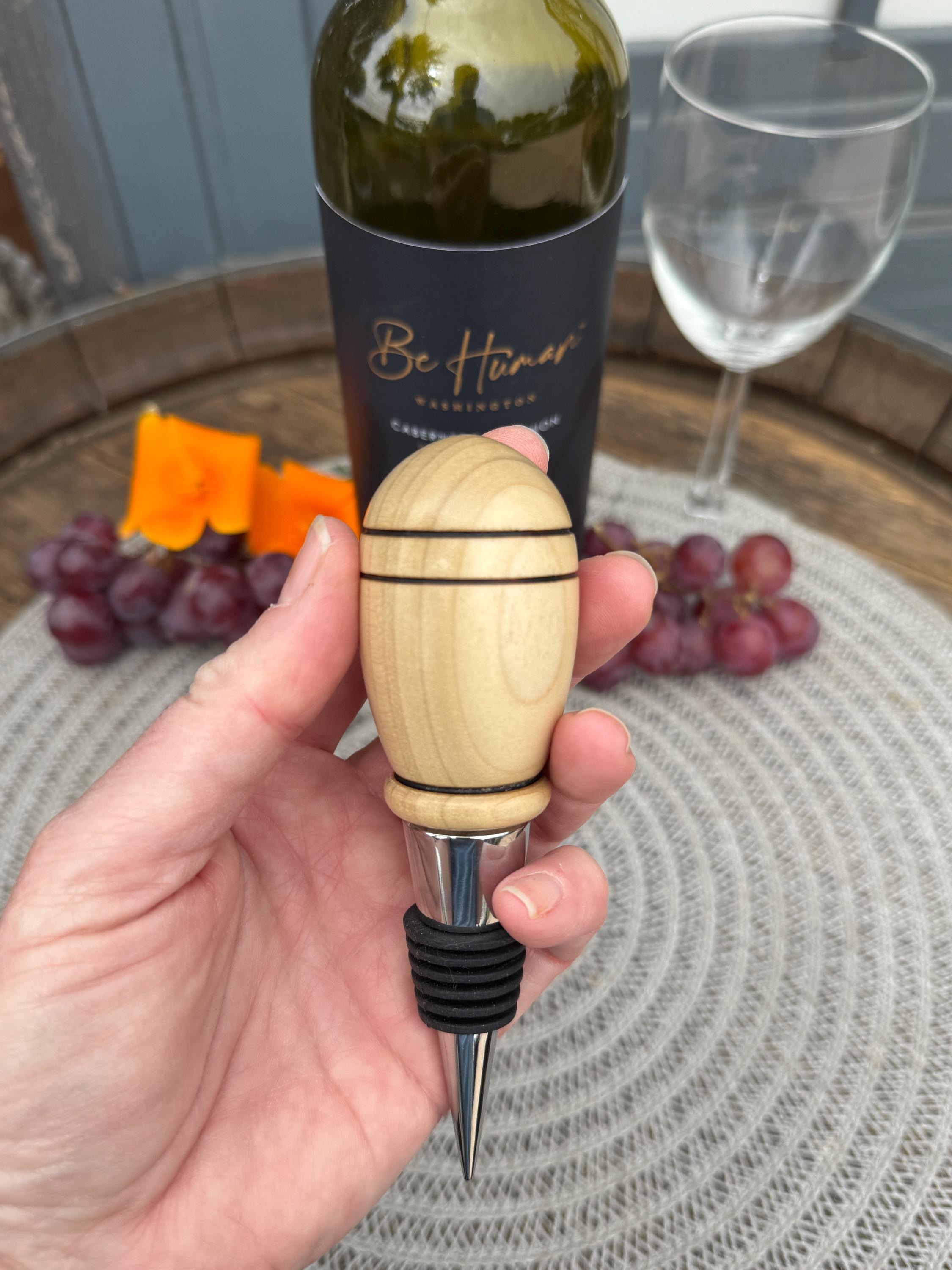 Solid Wood Hand Turned Bottle Stopper Poplar Wood Black Accents Black Stripes Light Wood Gift for Mom Gift for Dad Bartender Gift