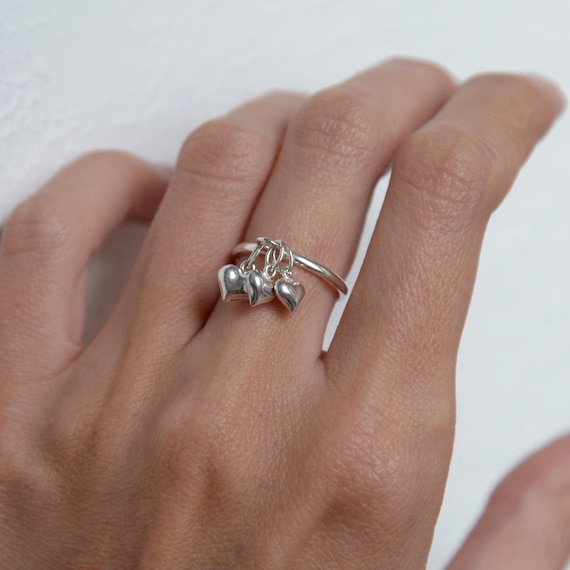 3 Hearts Charm Dangle Ring Sterling Silver: Romantic Love Promise