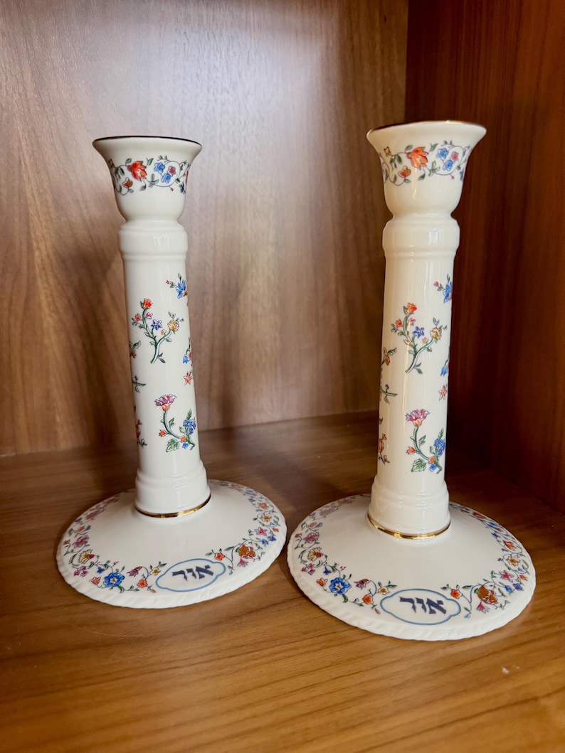 Lenox Judaic L’Chaim Candlesticks 8” Sabbath Holders 24K Gold Floral Vine