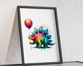 Stegosaurus with Balloon in Bright Colors Poster with Wooden Frame for Nursery Bedroom Playroom