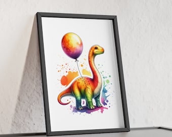 Brachiosaurus with Balloon in Bright Colors Poster with Wooden Frame for Nursery Bedroom Playroom