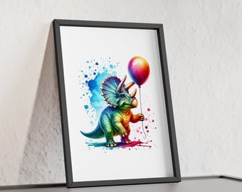 Triceratops with Balloon in Bright Colors Poster with Wooden Frame for Nursery Bedroom Playroom