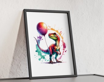 Velociraptor with Balloon in Bright Colors Poster with Wooden Frame for Nursery Bedroom Playroom