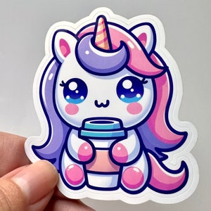 Unicorn and Coffee Tea or Latte Sticker, for Laptops, Water Bottles, Notebooks, Phone, Cute Decal, Gift
