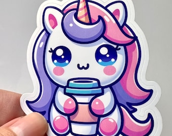 Unicorn and Coffee Tea or Latte Sticker, for Laptops, Water Bottles, Notebooks, Phone, Cute Decal, Gift