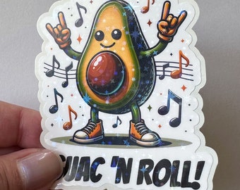 Guac 'N Roll Holographic Sticker, for Laptops, Water Bottles, Notebooks, Phone, Cute Decal, Gift, Guacamole, Avocado Fun