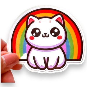 White Kitty with Rainbow Sticker, for Laptops, Water Bottles, Notebooks, Phone, Cute Decal, Gift Bild 1