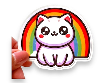 White Kitty with Rainbow Sticker, for Laptops, Water Bottles, Notebooks, Phone, Cute Decal, Gift