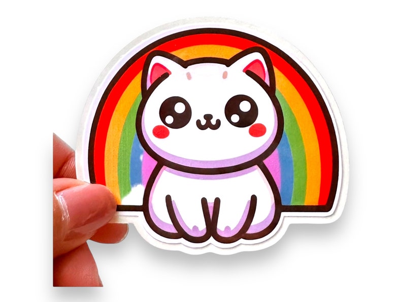 White Kitty with Rainbow Sticker, for Laptops, Water Bottles, Notebooks, Phone, Cute Decal, Gift Bild 1