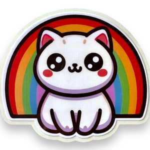 White Kitty with Rainbow Sticker, for Laptops, Water Bottles, Notebooks, Phone, Cute Decal, Gift Bild 2