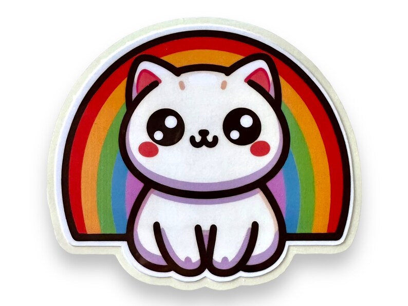 White Kitty with Rainbow Sticker, for Laptops, Water Bottles, Notebooks, Phone, Cute Decal, Gift Bild 2