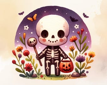 Cute Skeleton Png, Happy Trick or Treat Png, Skeleton in the Fall png, Spooking for Candy Png,Halloween Png, Nursery Skeleton PNG