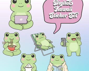 Set de pegatinas digitales de ranas kawaii / Clipart de ranas lindas / 6 pegatinas PNG para diarios digitales, álbumes de recortes e impresión bajo demanda