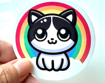 Black and White Cat with Rainbow Sticker, for Laptops, Water Bottles, Notebooks, Phone, Cute Decal, Gift