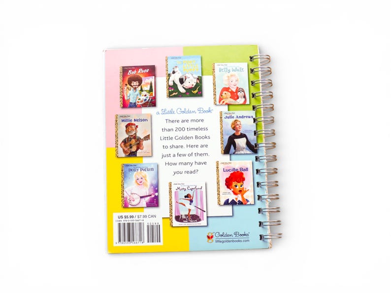 May include: A spiral-bound notebook with a colorful cover featuring miniature Little Golden Book covers. The books showcase illustrations of Bob Ross, Willie Nelson, and other celebrities. The text reads "a Little Golden Book" and "How many have you read?"