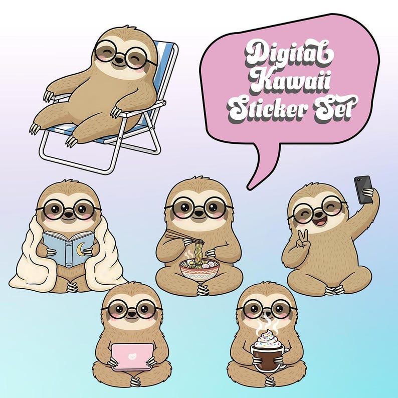 Sloth Cartoon Sticker Peace Sign Kawaii Sloth Digital Sticker Set | Cute Sloth Clipart | 6 PNG Stickers ...