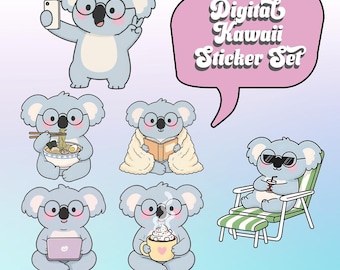 Kawaii Koala Digital Sticker Set | Cute Koala Clipart | 6 PNG Stickers for Digital Journaling, Scrapbooking & Print on Demand