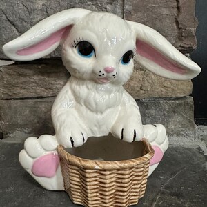 Vintage 1980s Kitschy Ceramic Bunny Rabbit with Basket Planter