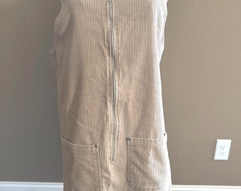Vintage center aisle Tan Coduroy Front Zip Jumper Dress with Pockets Size L