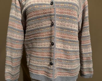 Cardigan con bottoni stampato in pastello in misto cotone e lino vintage L. L. Bean, taglia piccola