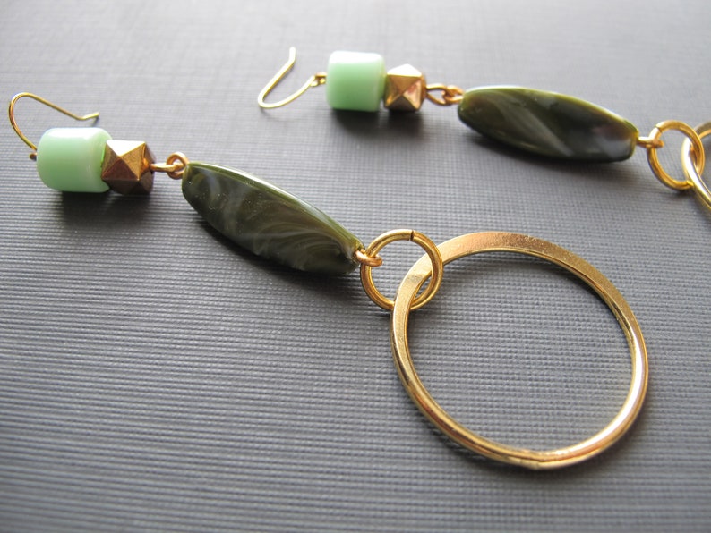 Dangle Hoop Earrings 1970s Style Boho Jewelry Limited Edition Green Bead Dangles Hoops Statement Hoop Earrings Shiny Gold Hoops