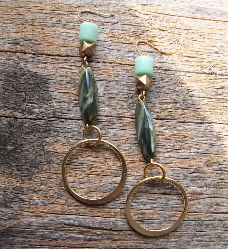 Dangle Hoop Earrings 1970s Style Boho Jewelry Limited Edition Green Bead Dangles Hoops Statement Hoop Earrings Shiny Gold Hoops