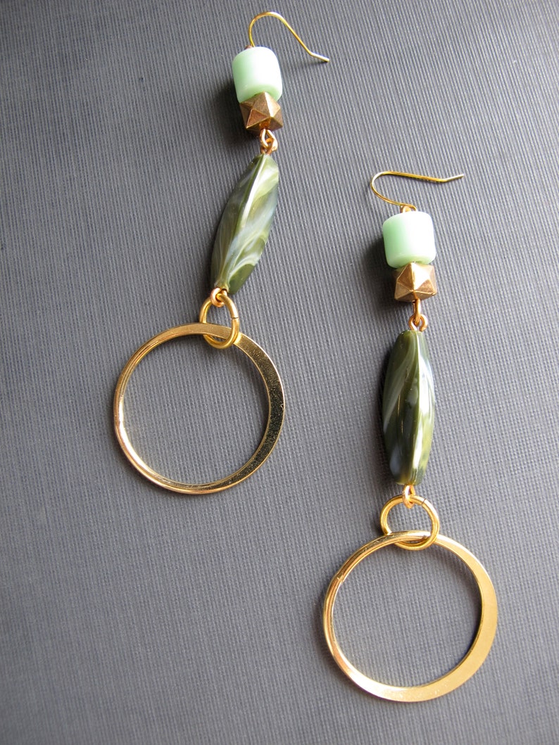 Dangle Hoop Earrings 1970s Style Boho Jewelry Limited Edition Green Bead Dangles Hoops Statement Hoop Earrings Shiny Gold Hoops